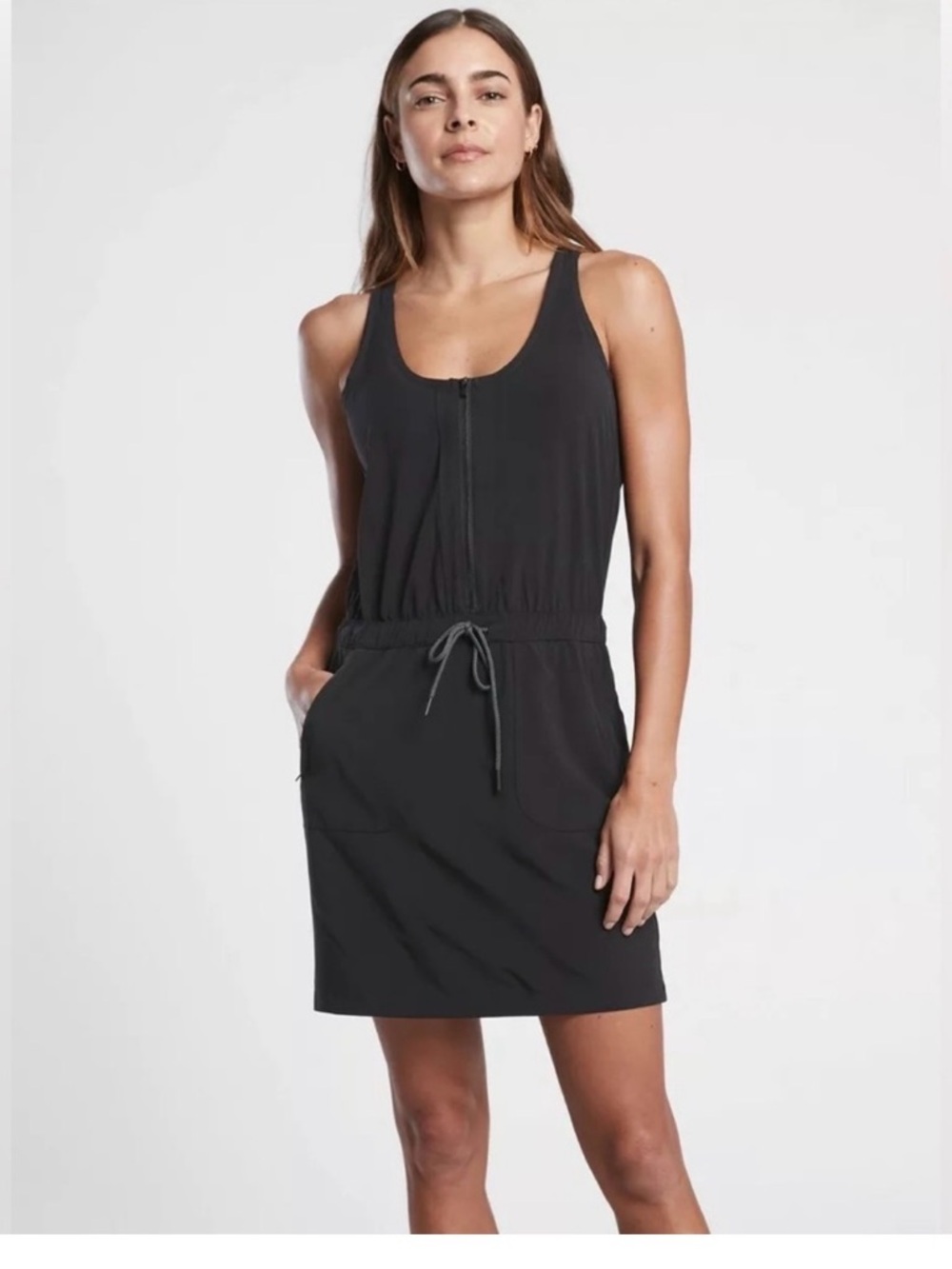 Athleta Black Sleeveless Zip-Front Drawstring Dress